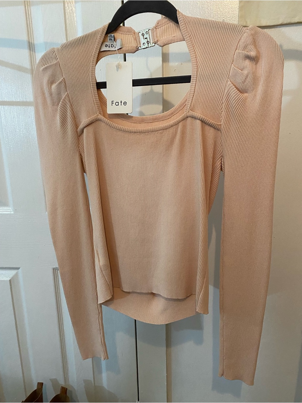 Fate Women's Long Sleeve Ribbed Puff-Shoulder Top in Blush